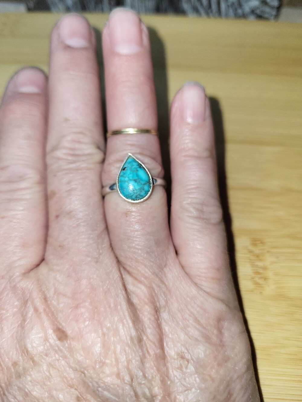 925 Sterling Silver Teardrop Genuine Turquoise Ring - Blue Sz 7.5